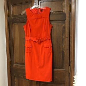 Orange belted structured knit dress interview mod